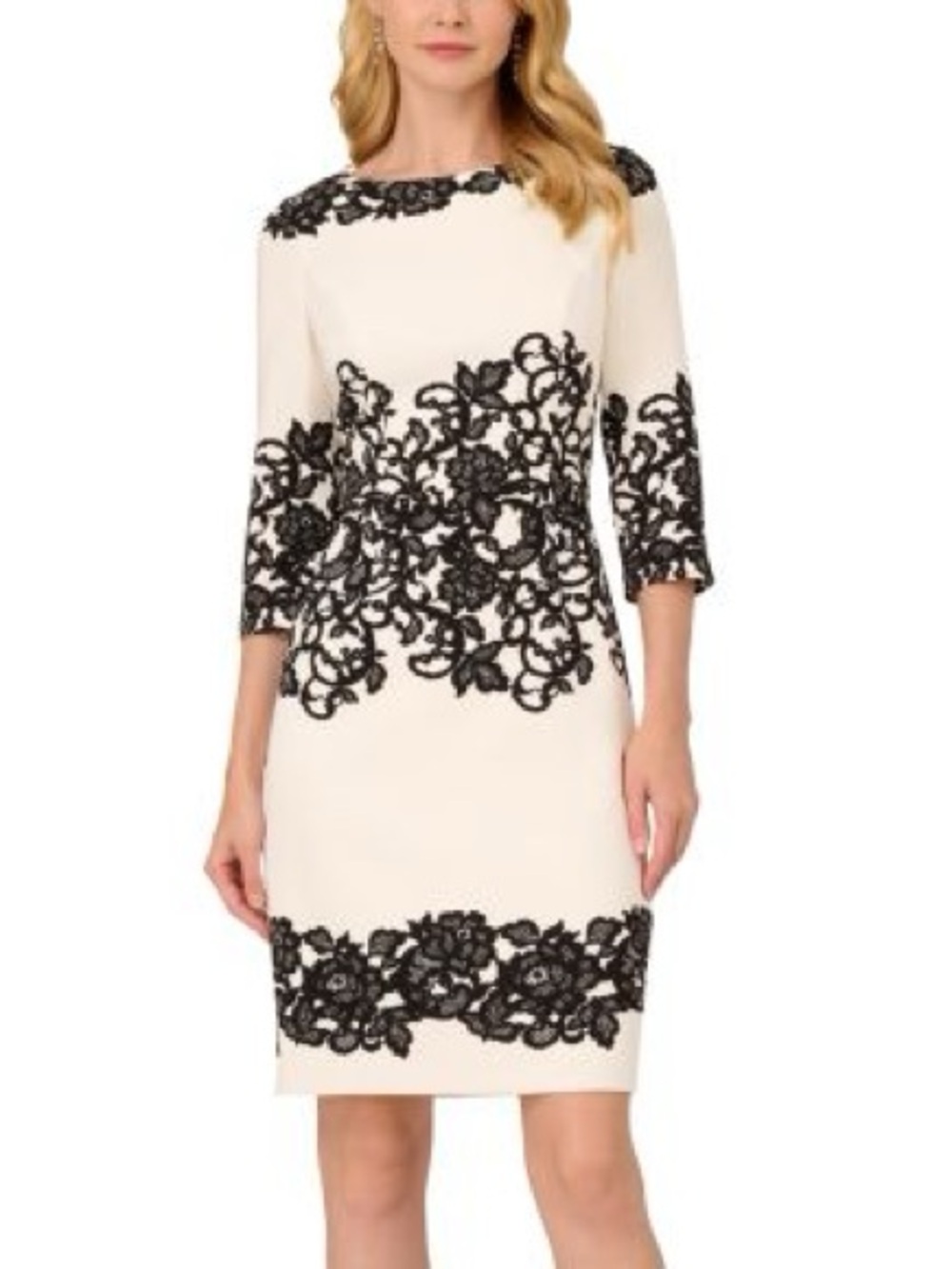 Adrianna Papell Black and Cream Floral Lace Dress